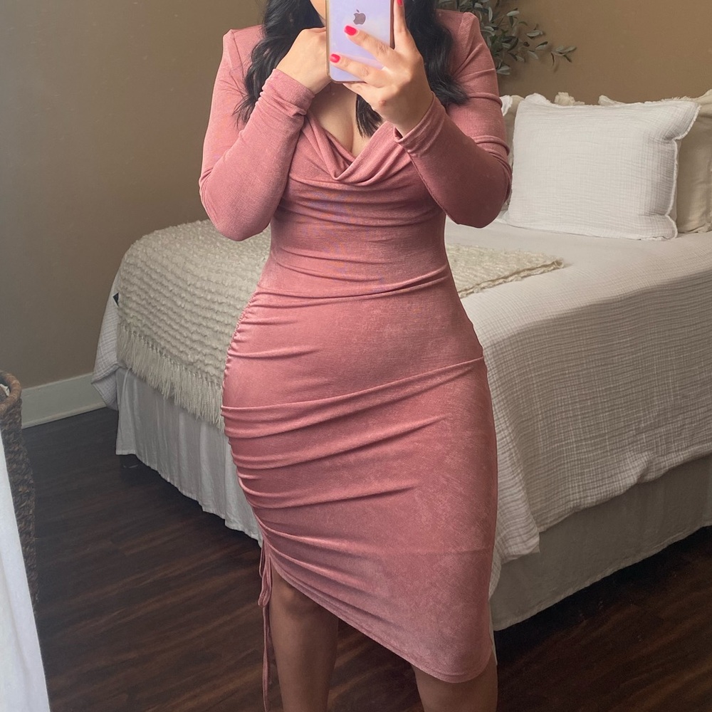 & Other Stories Dusty Rose Long Sleeve Cowl Neck Bodycon Dress